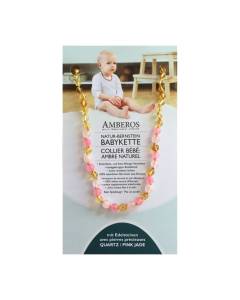 Amberos Natur-Bernstein Babykette Edelstein Baroque Pink Jade + Quarz
